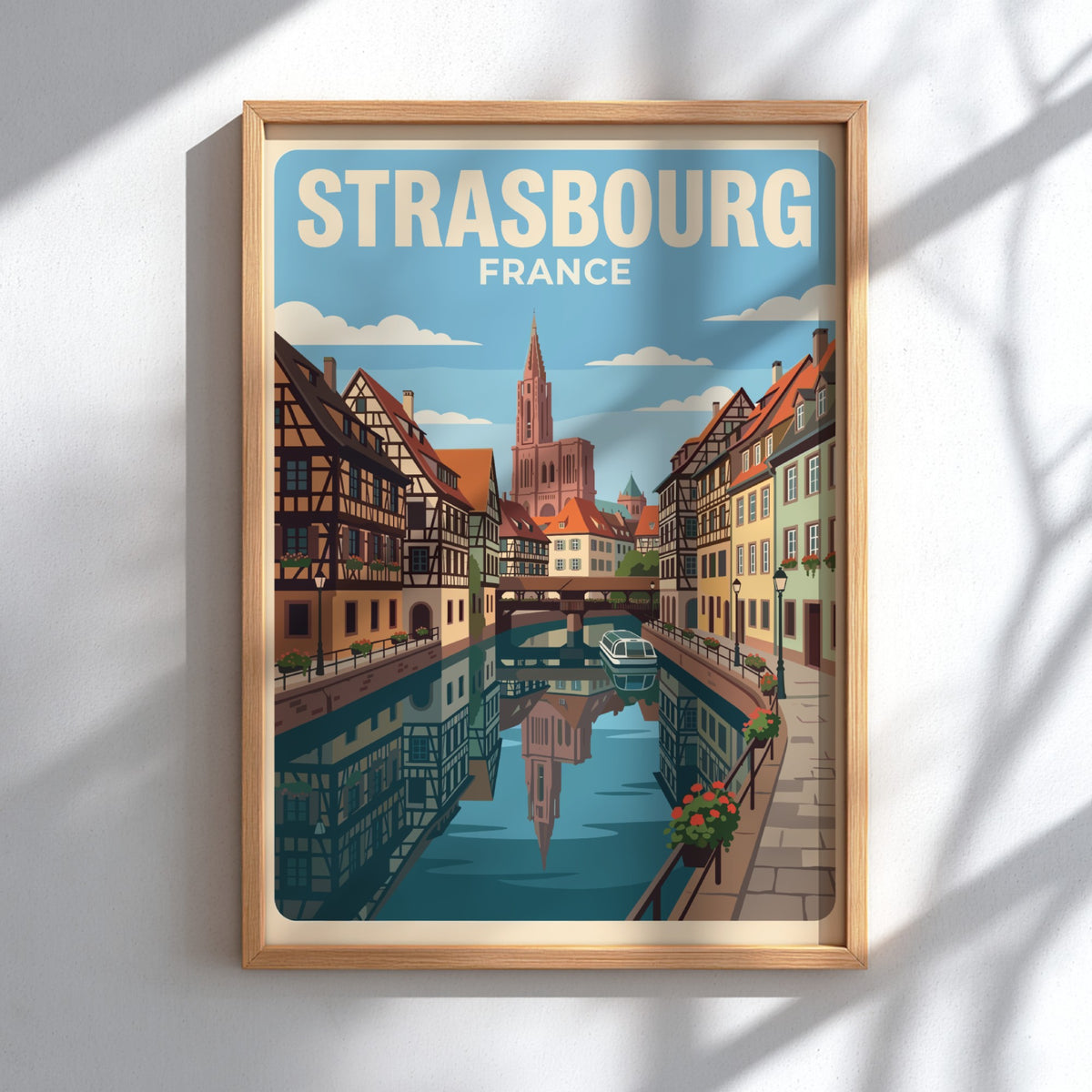 Strasbourg France travel poster featuring timber-framed houses along a canal with cathedral spire