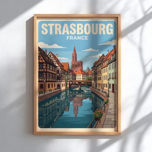Strasbourg France travel poster featuring timber-framed houses along a canal with cathedral spire