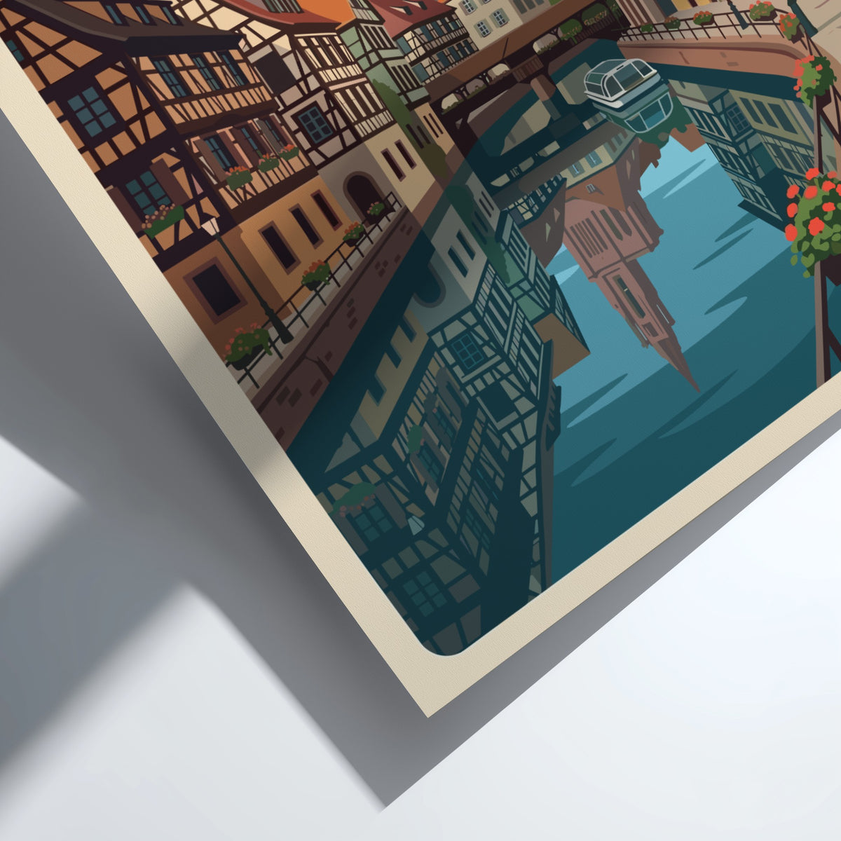 Strasbourg France travel poster featuring timber-framed houses along a canal with cathedral spire