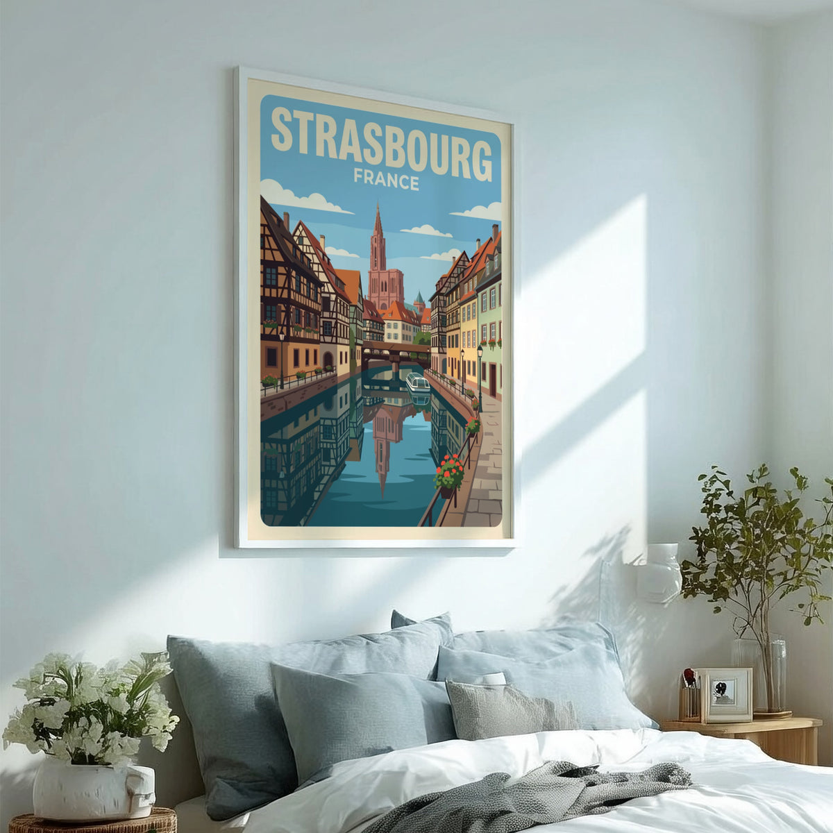 Strasbourg France travel poster featuring timber-framed houses along a canal with cathedral spire