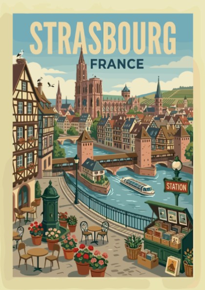 Vintage travel poster of Strasbourg, France, showing a canal, traditional buildings, and the cathedral.