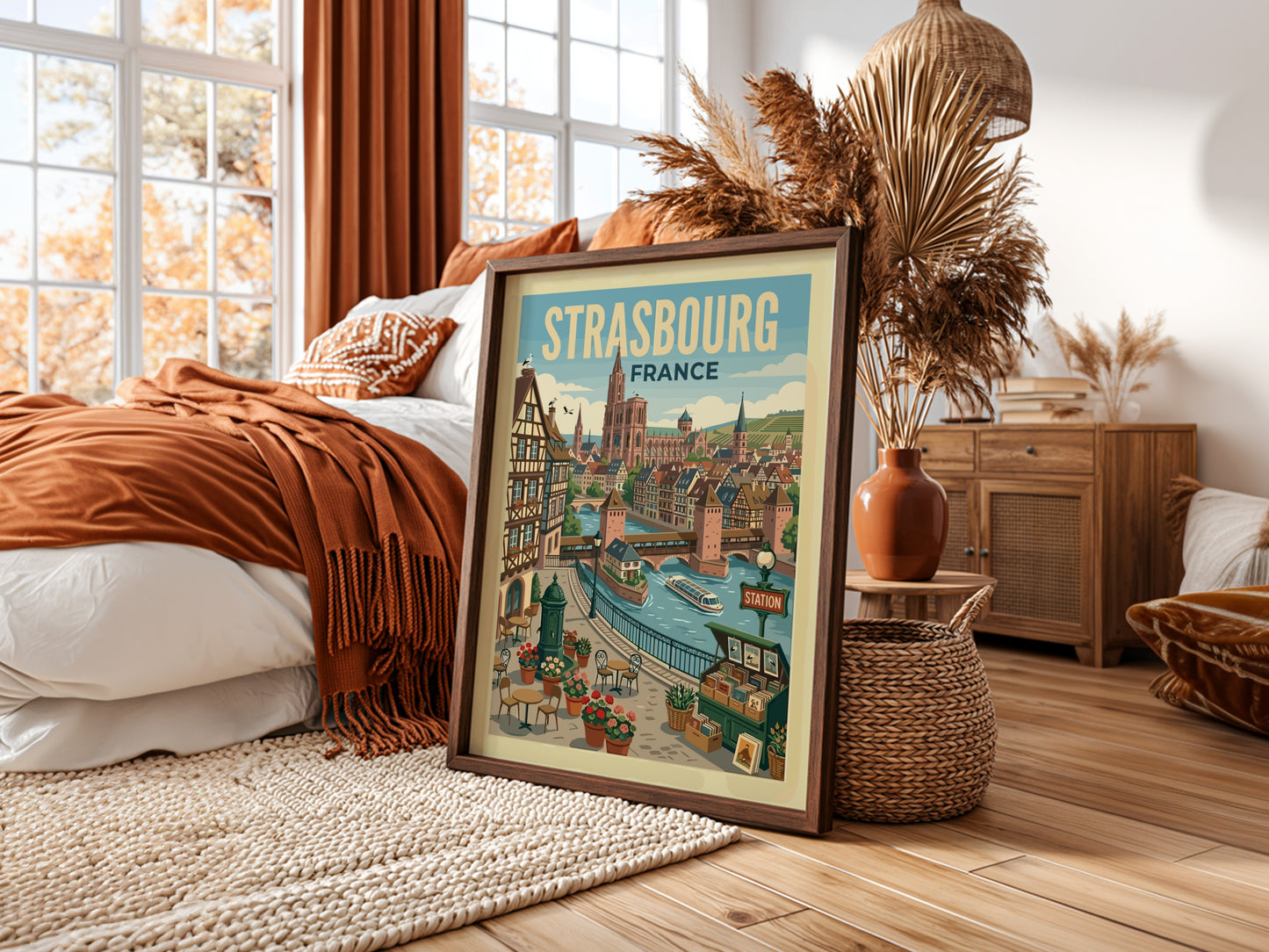 Vintage travel poster of Strasbourg, France, showing a canal, traditional buildings, and the cathedral.