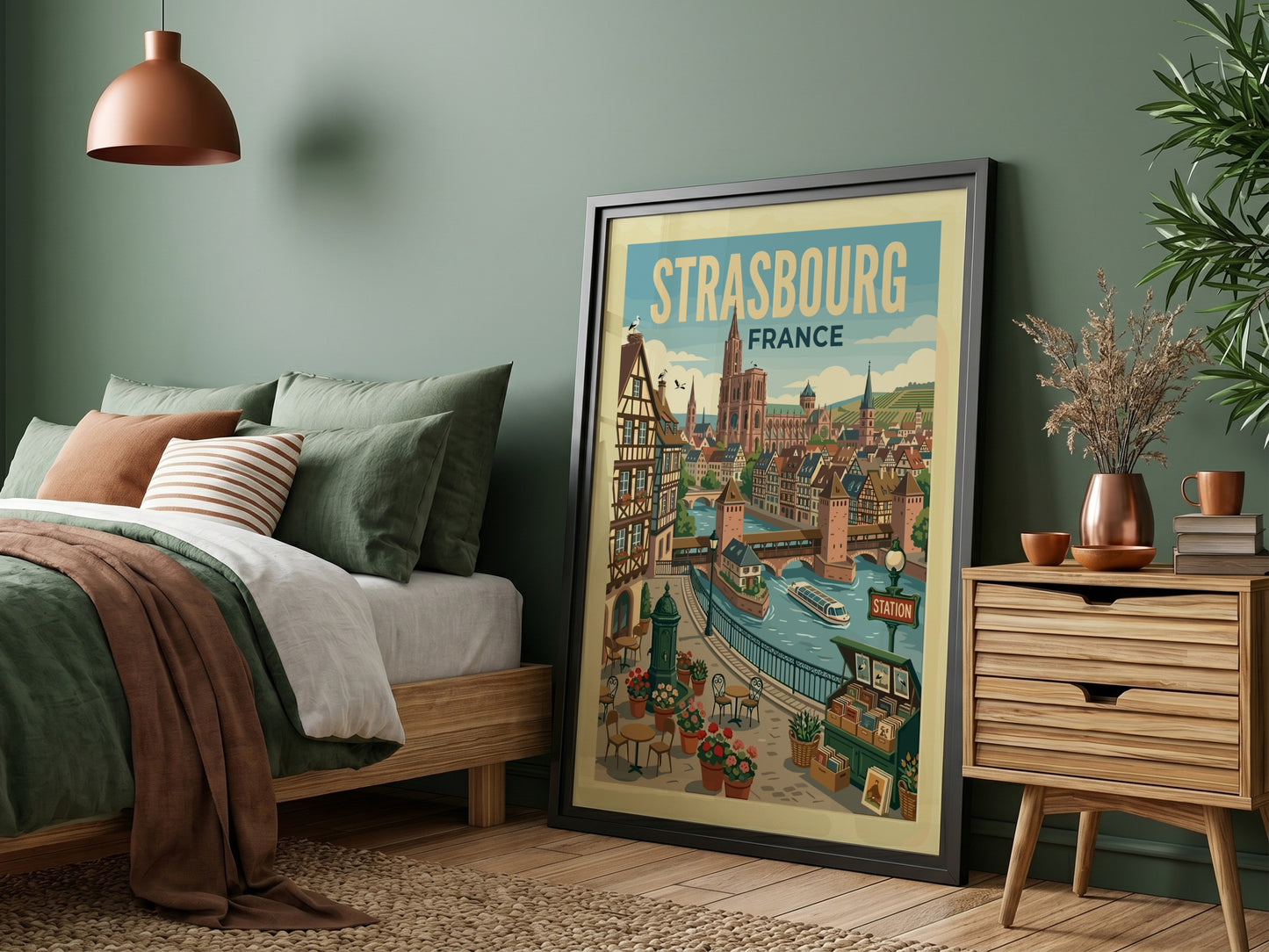 Vintage travel poster of Strasbourg, France, showing a canal, traditional buildings, and the cathedral.