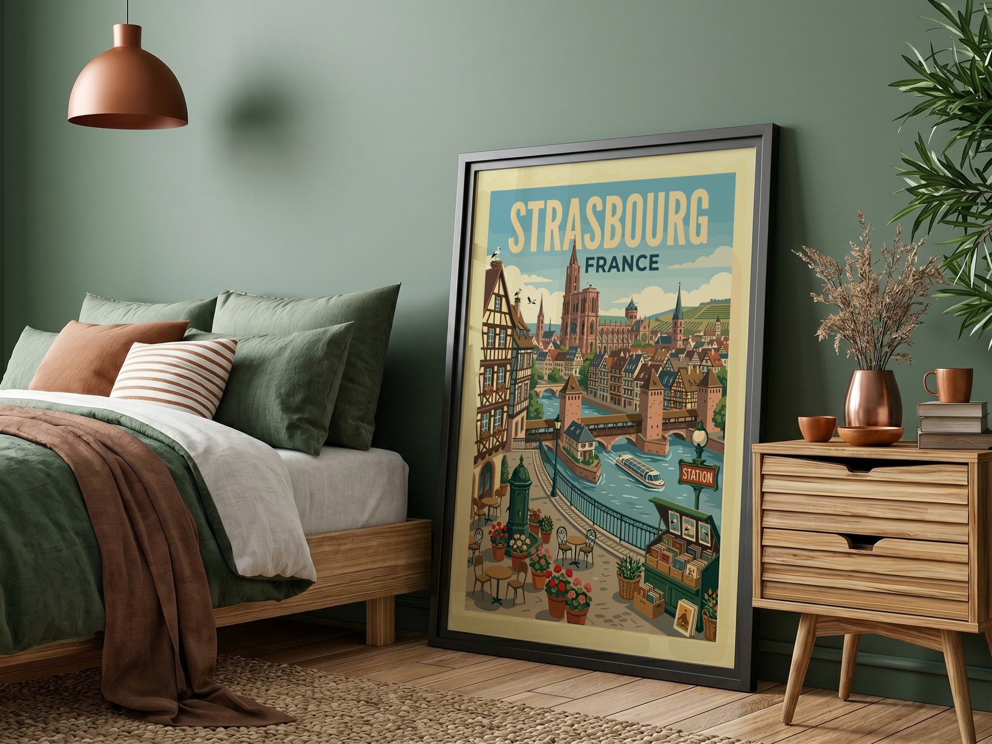 Vintage travel poster of Strasbourg, France, showing a canal, traditional buildings, and the cathedral.