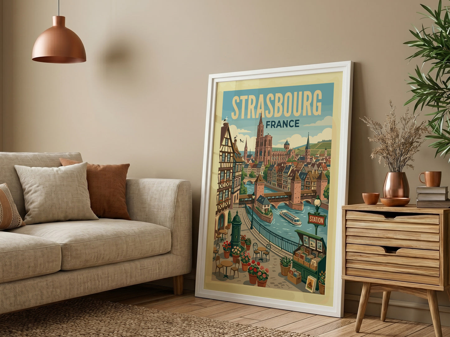 Vintage travel poster of Strasbourg, France, showing a canal, traditional buildings, and the cathedral.