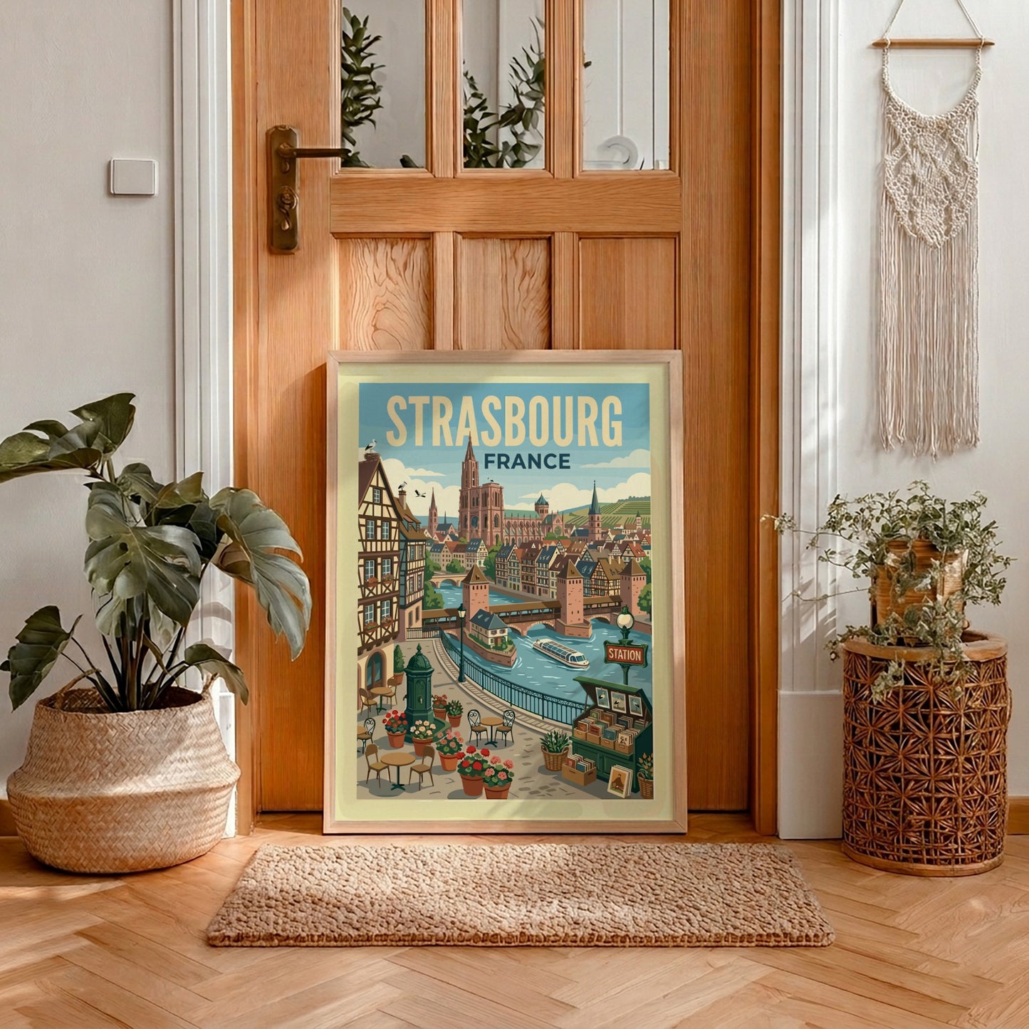 Vintage travel poster of Strasbourg, France, showing a canal, traditional buildings, and the cathedral.