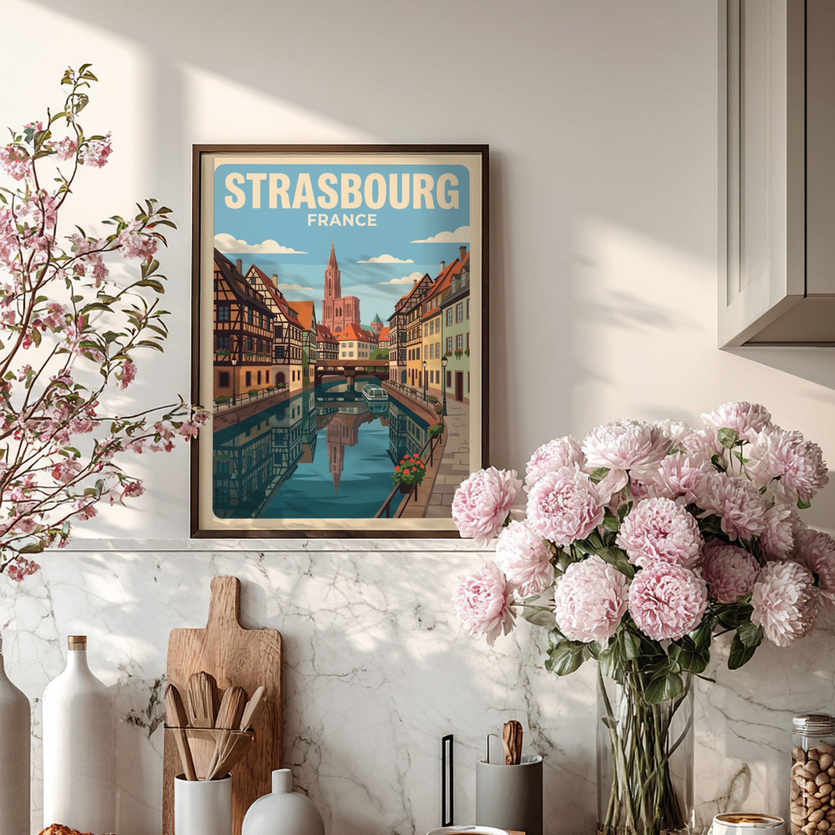 Strasbourg France travel poster featuring timber-framed houses along a canal with cathedral spire