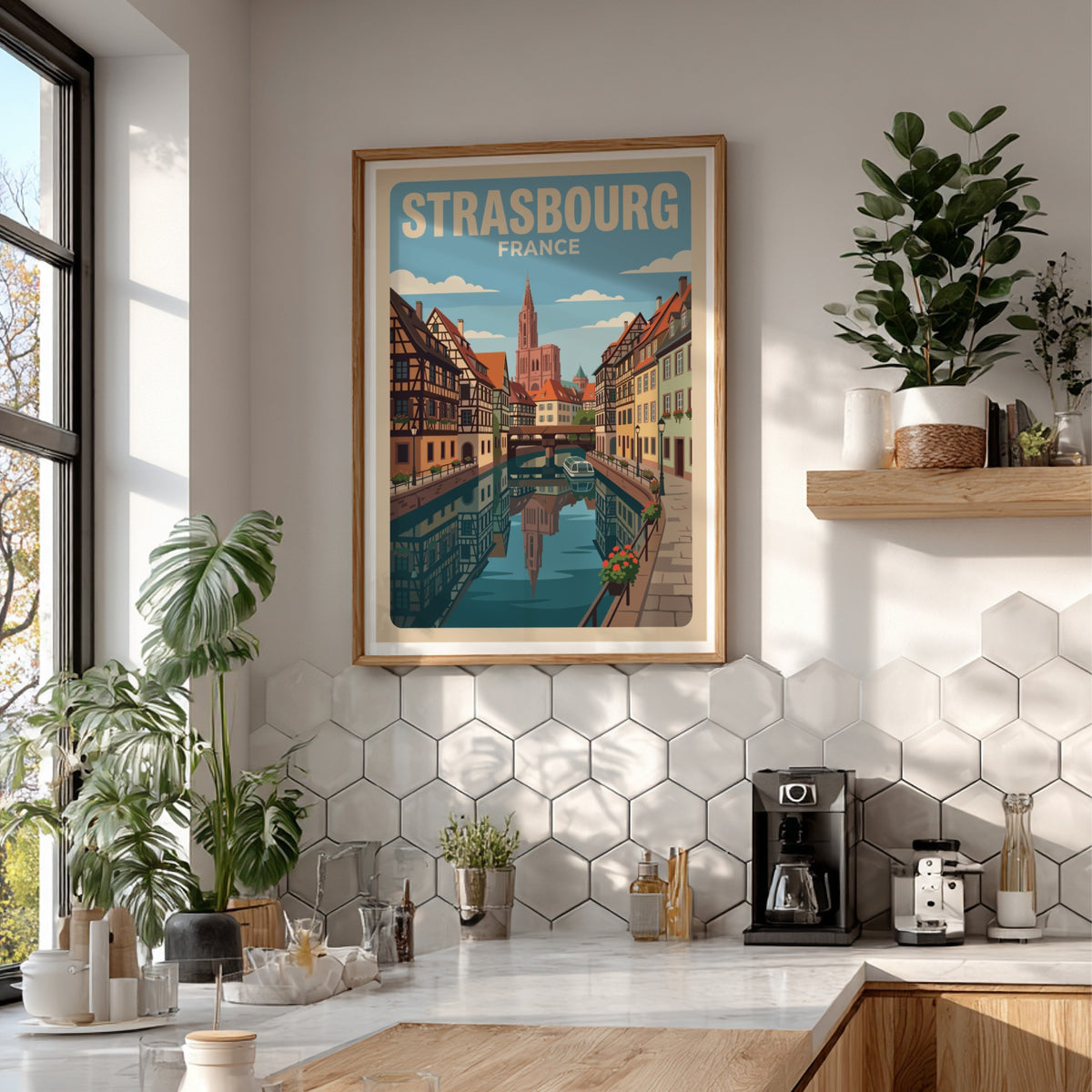 Strasbourg France travel poster featuring timber-framed houses along a canal with cathedral spire