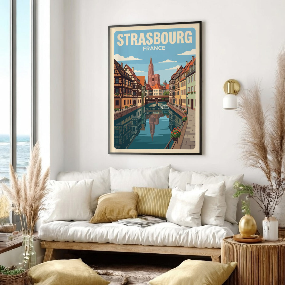 Strasbourg France travel poster featuring timber-framed houses along a canal with cathedral spire