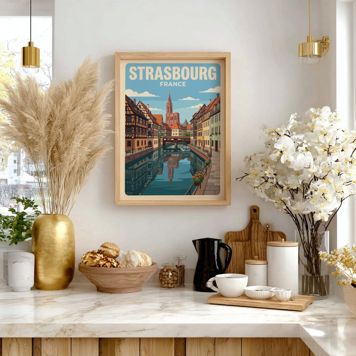 Strasbourg France travel poster featuring timber-framed houses along a canal with cathedral spire