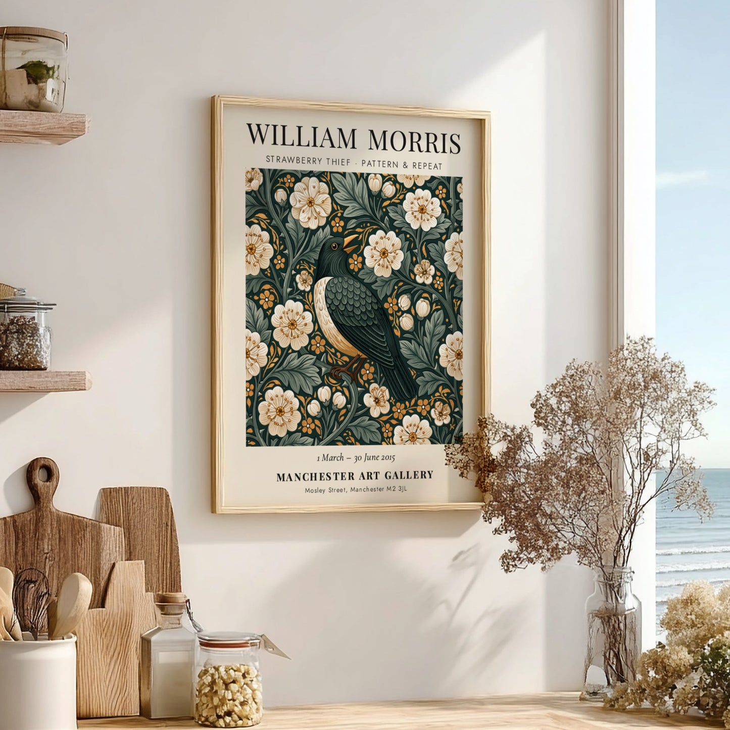 William Morris poster featuring Strawberry Thief design with floral patterns in green and warm tones