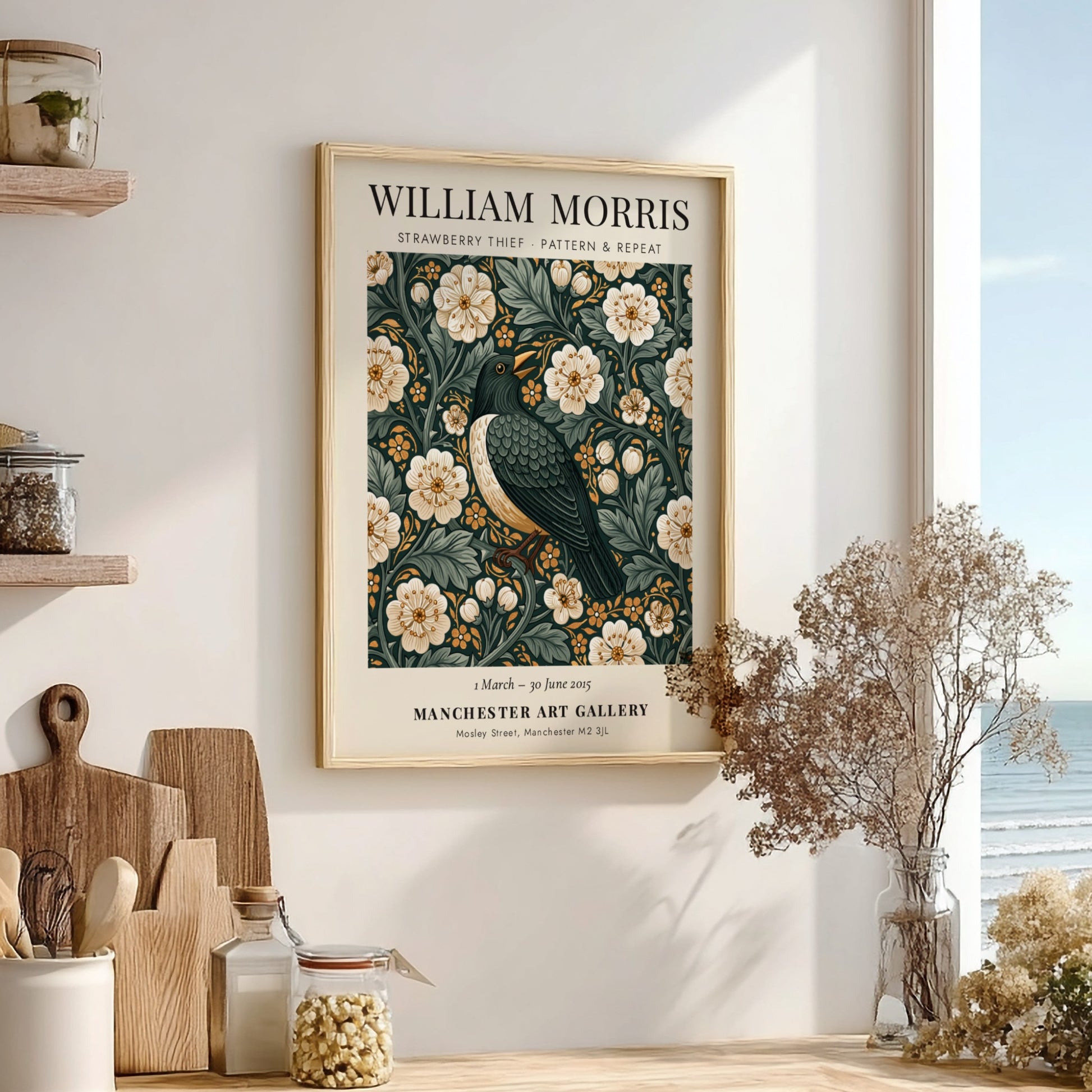 William Morris poster featuring Strawberry Thief design with floral patterns in green and warm tones