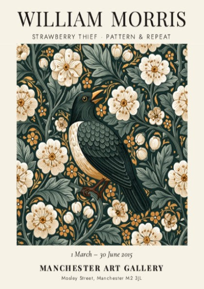 William Morris poster featuring Strawberry Thief design with floral patterns in green and warm tones