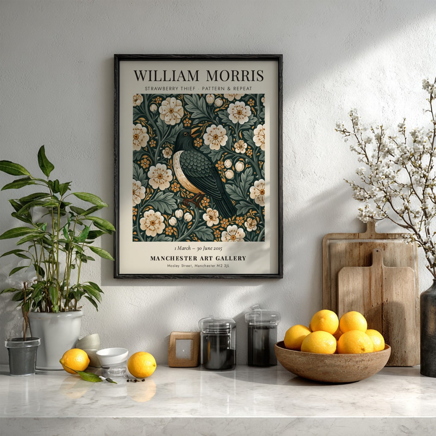 William Morris poster featuring Strawberry Thief design with floral patterns in green and warm tones