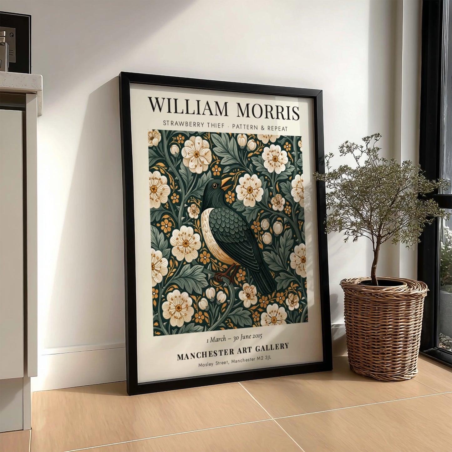 William Morris poster featuring Strawberry Thief design with floral patterns in green and warm tones