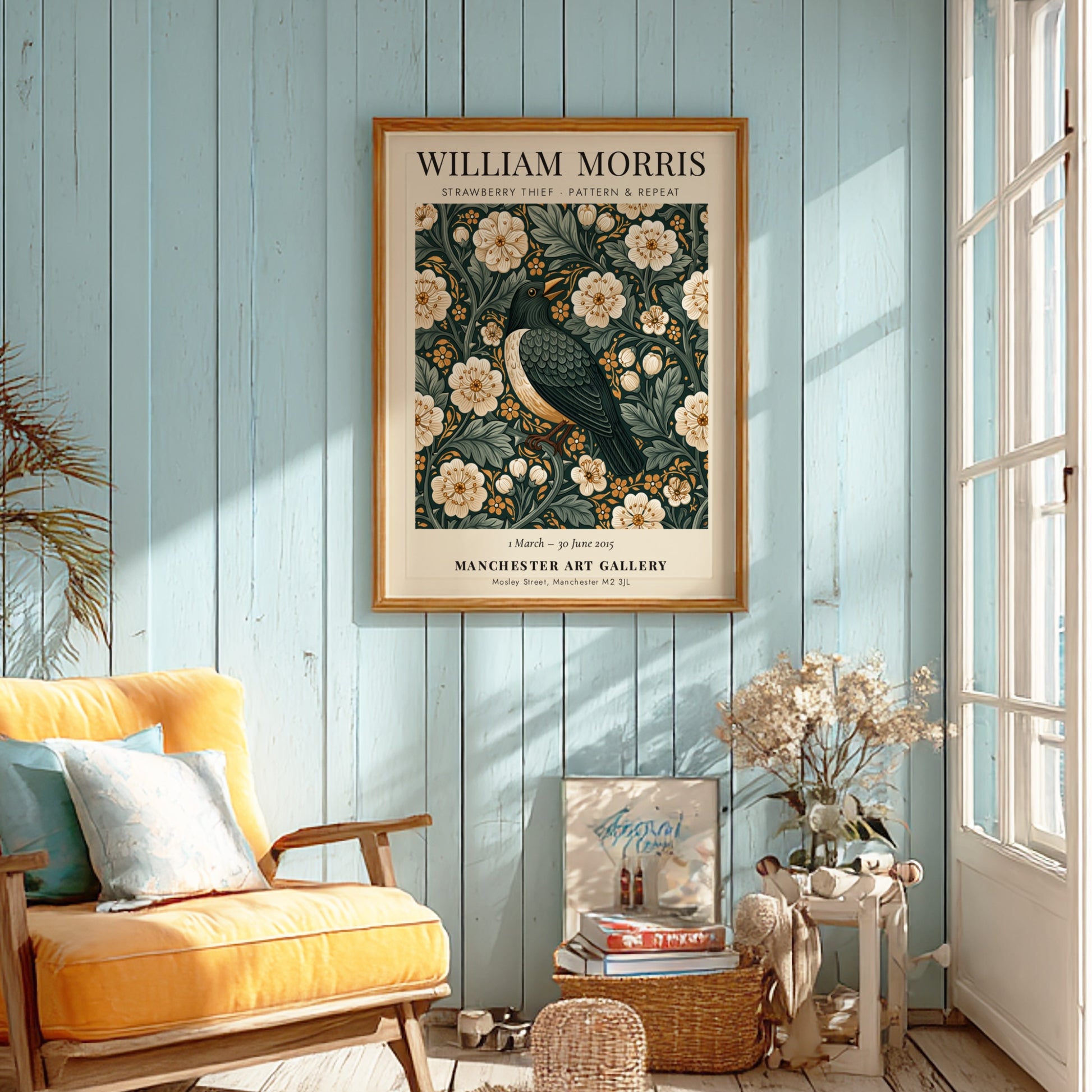 William Morris poster featuring Strawberry Thief design with floral patterns in green and warm tones