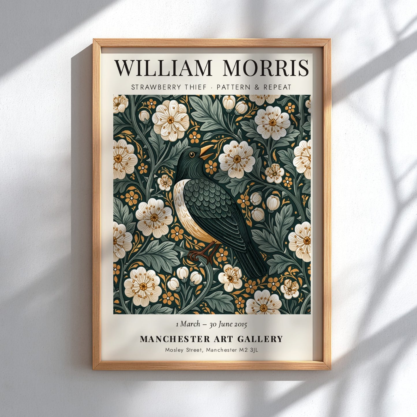 William Morris poster featuring Strawberry Thief design with floral patterns in green and warm tones