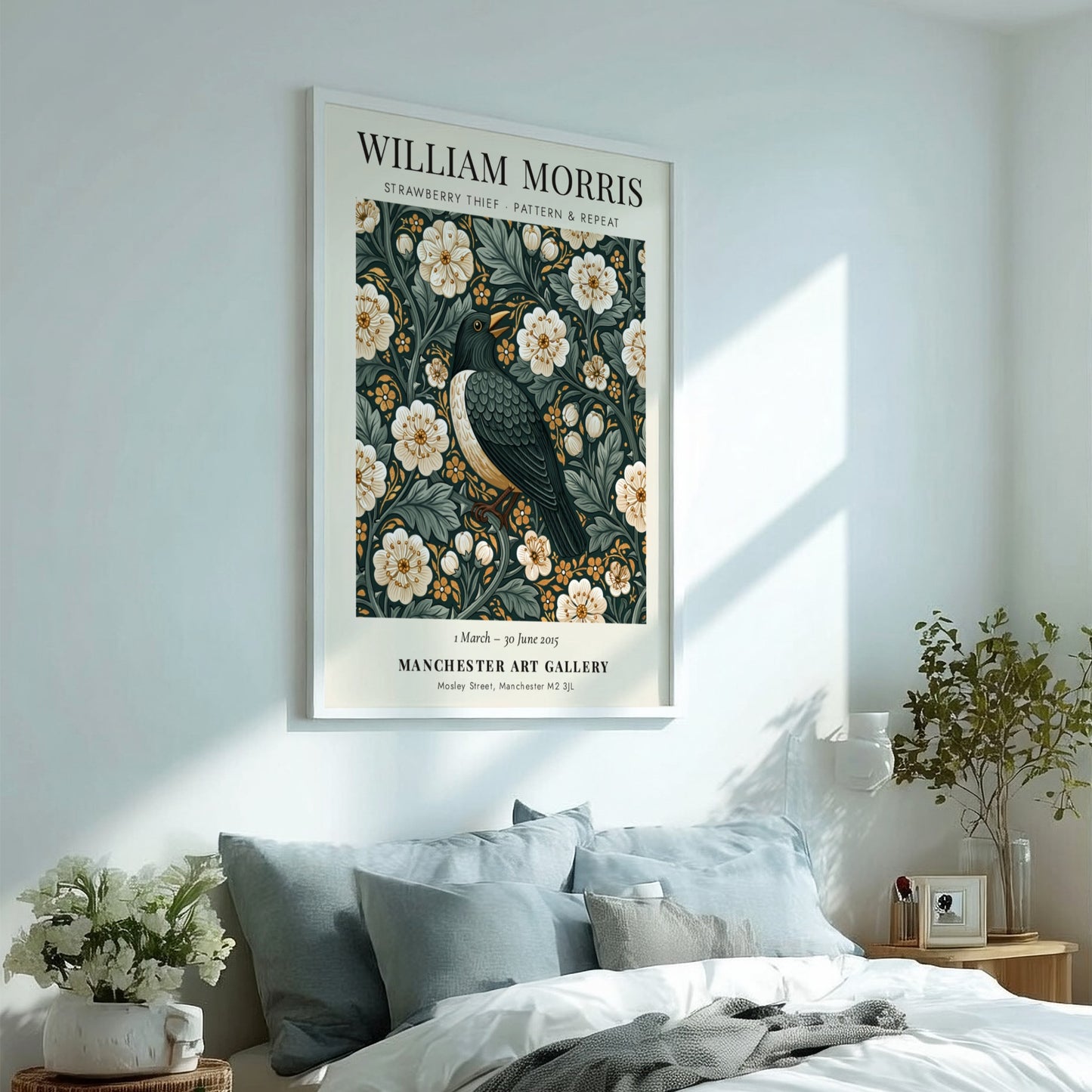 William Morris poster featuring Strawberry Thief design with floral patterns in green and warm tones