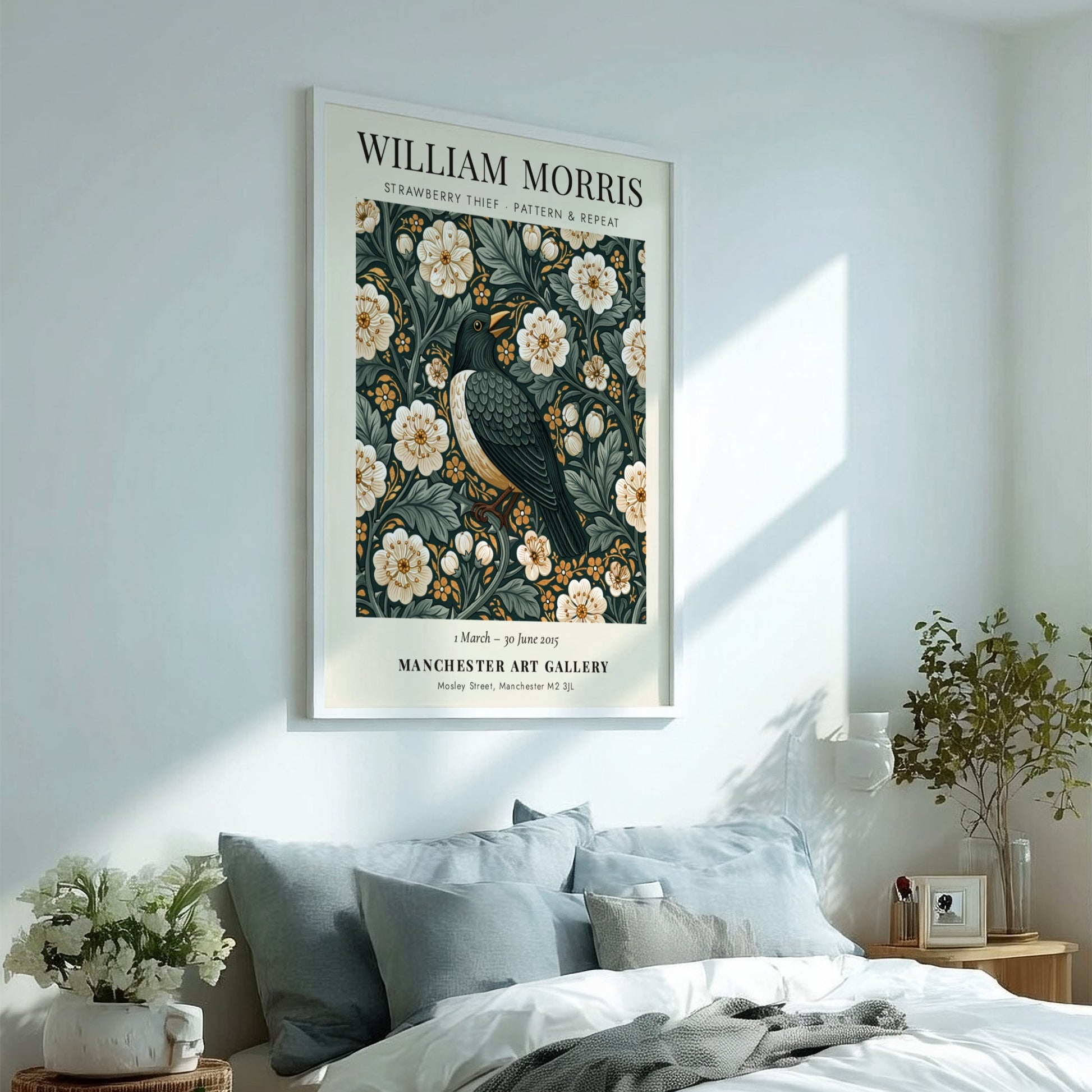 William Morris poster featuring Strawberry Thief design with floral patterns in green and warm tones