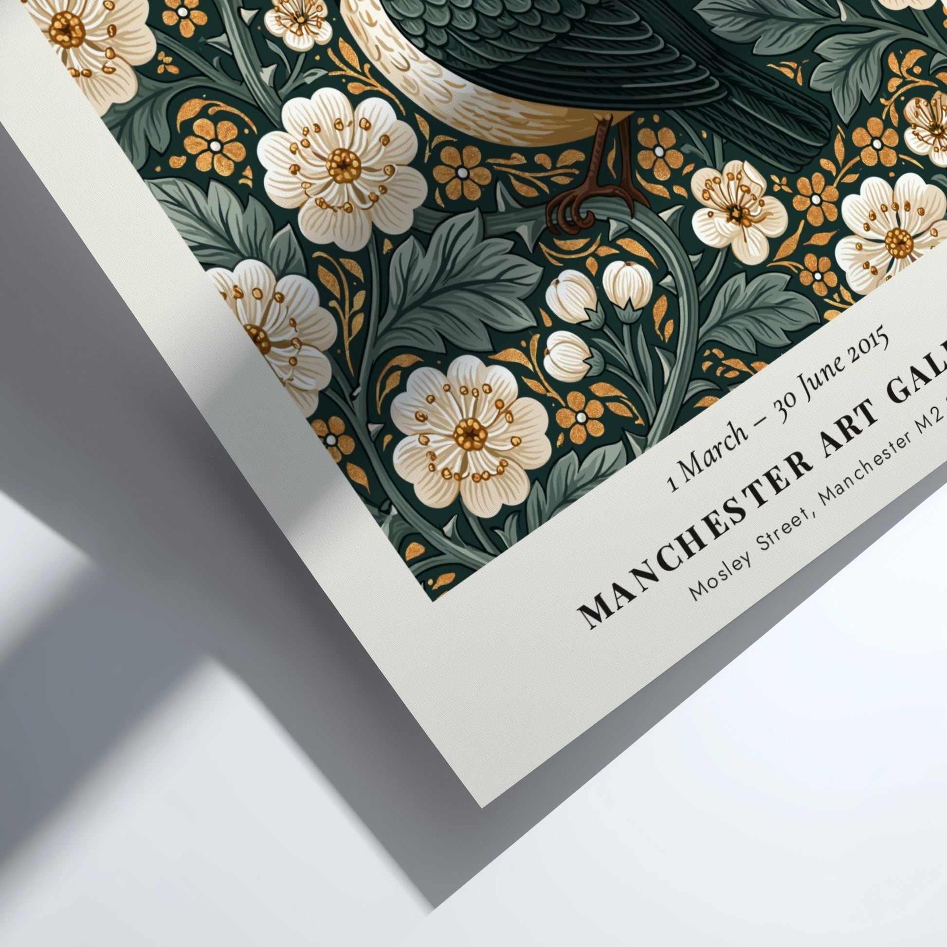 William Morris poster featuring Strawberry Thief design with floral patterns in green and warm tones