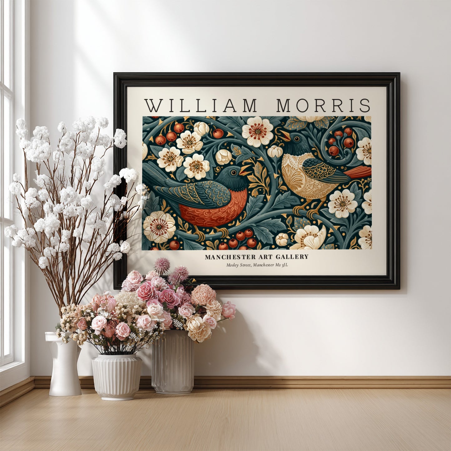 Strawberry Thief wall art print featuring vibrant birds and floral patterns in blue and red tones