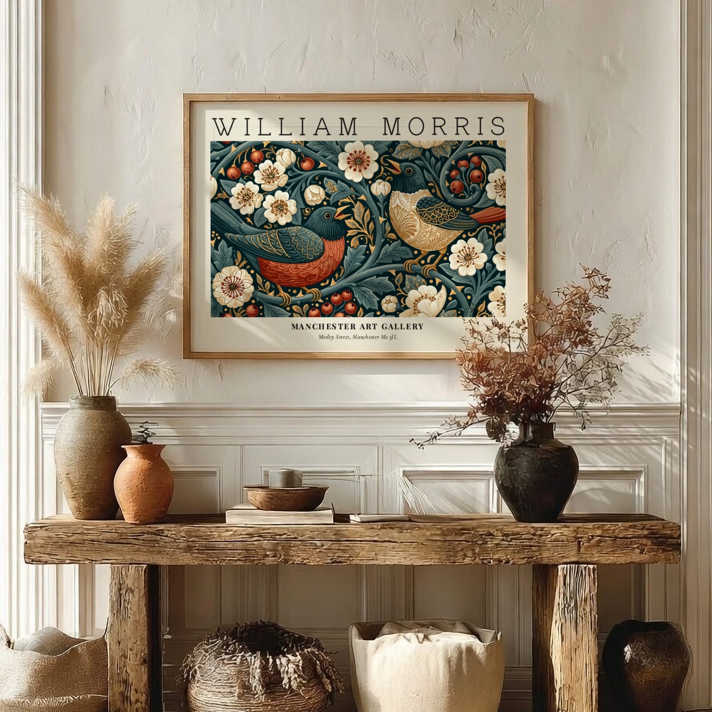 Strawberry Thief wall art print featuring vibrant birds and floral patterns in blue and red tones