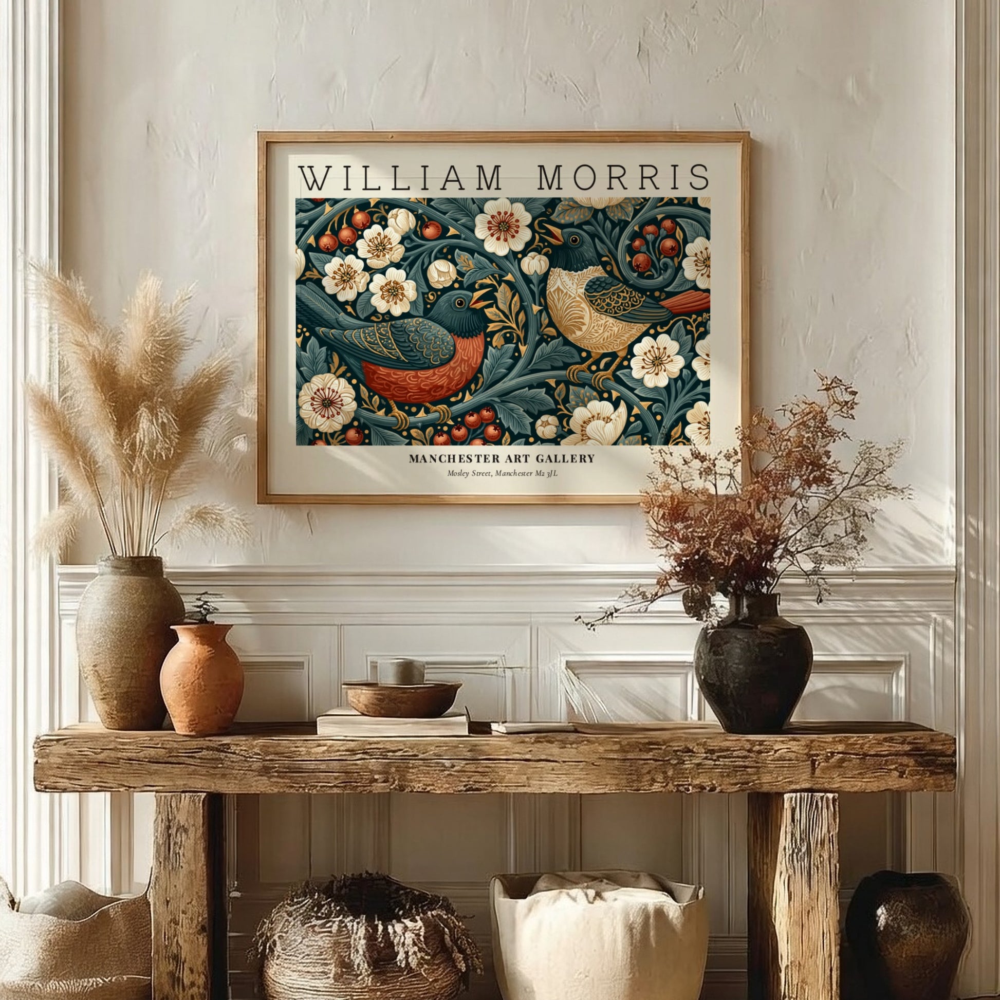 Strawberry Thief wall art print featuring vibrant birds and floral patterns in blue and red tones