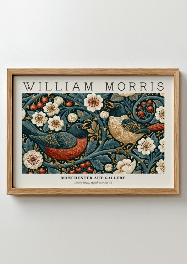 Strawberry Thief wall art print featuring vibrant birds and floral patterns in blue and red tones