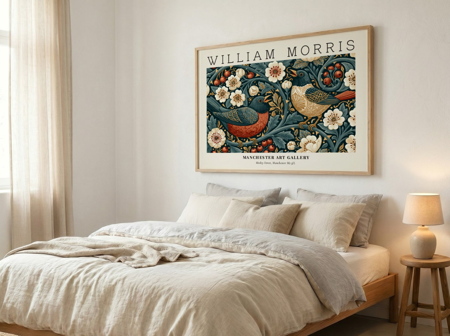 Strawberry Thief wall art print featuring vibrant birds and floral patterns in blue and red tones