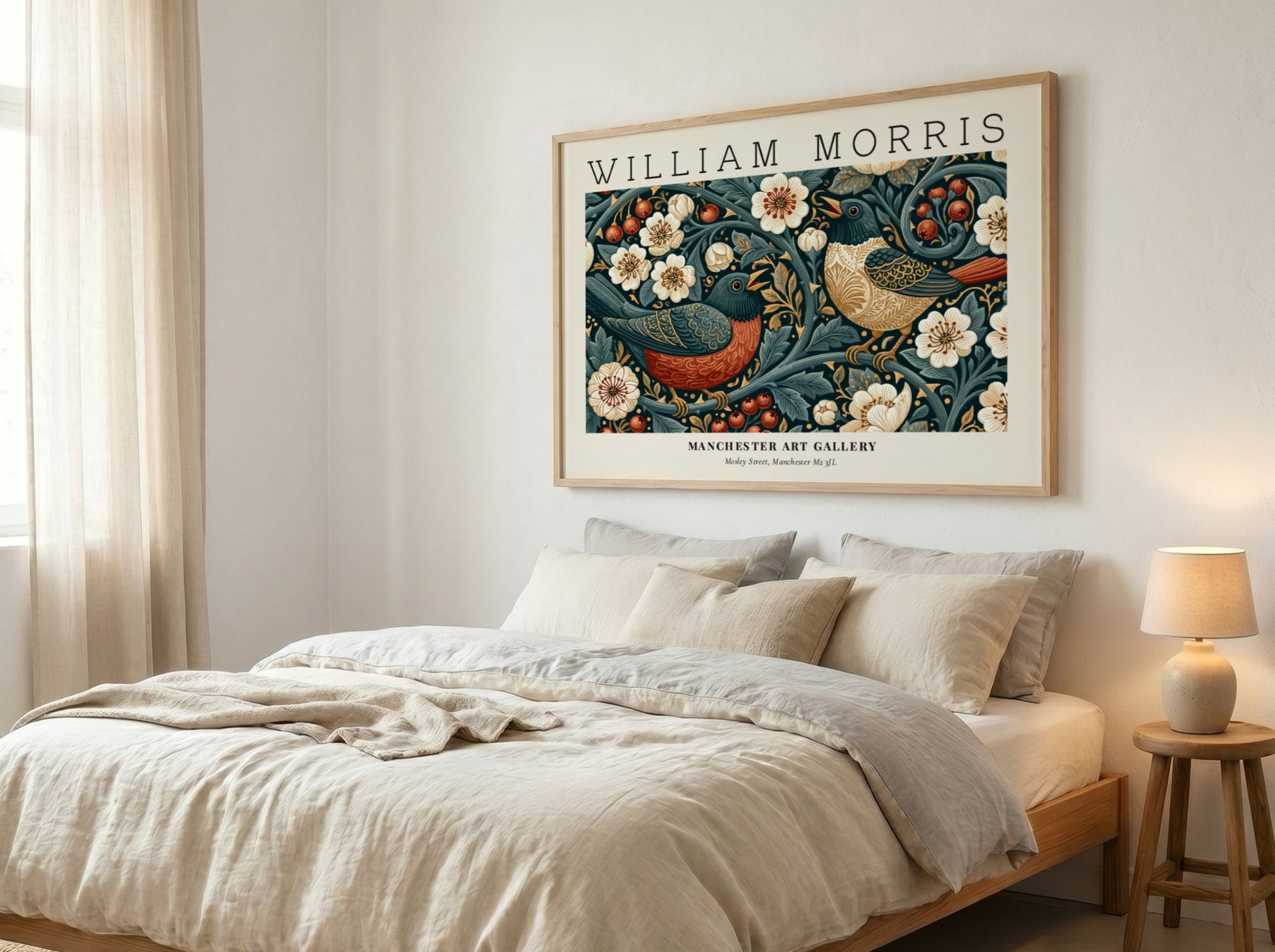 Strawberry Thief wall art print featuring vibrant birds and floral patterns in blue and red tones