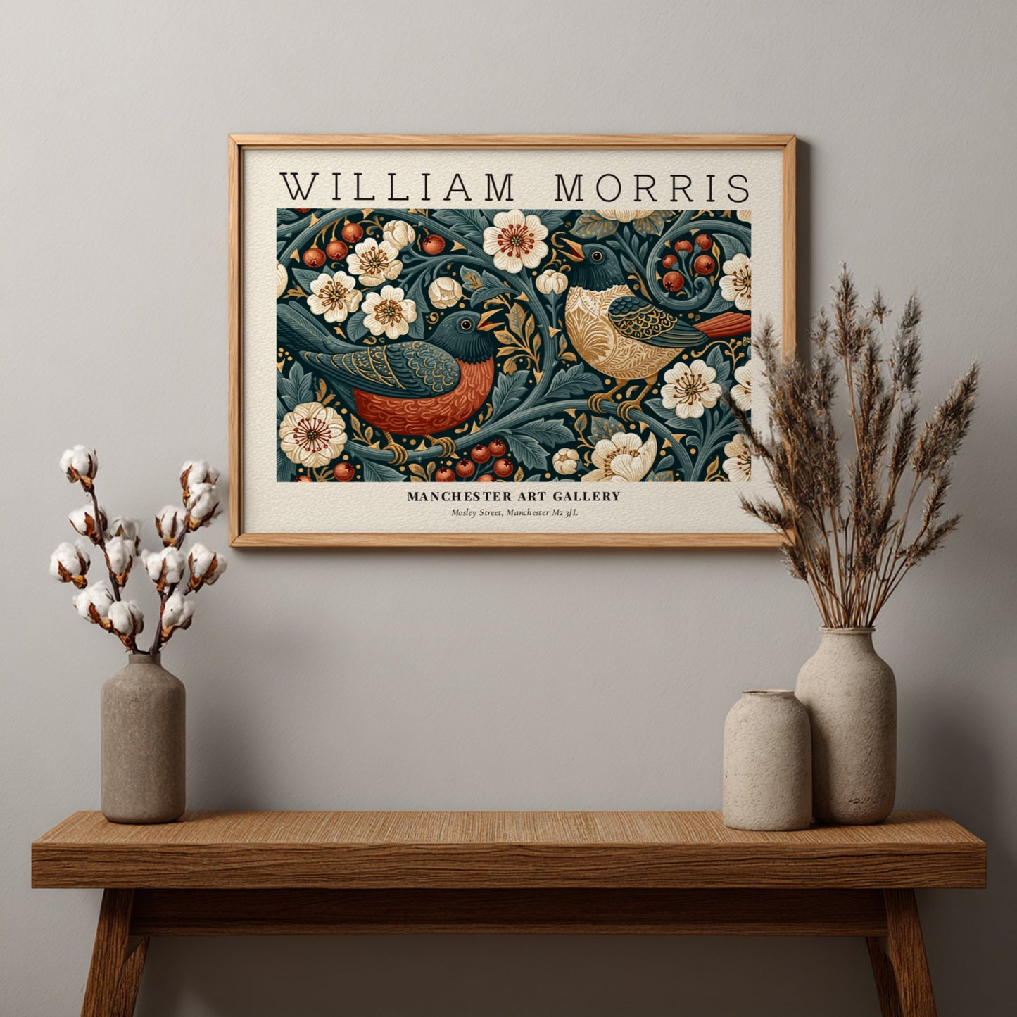 Strawberry Thief wall art print featuring vibrant birds and floral patterns in blue and red tones
