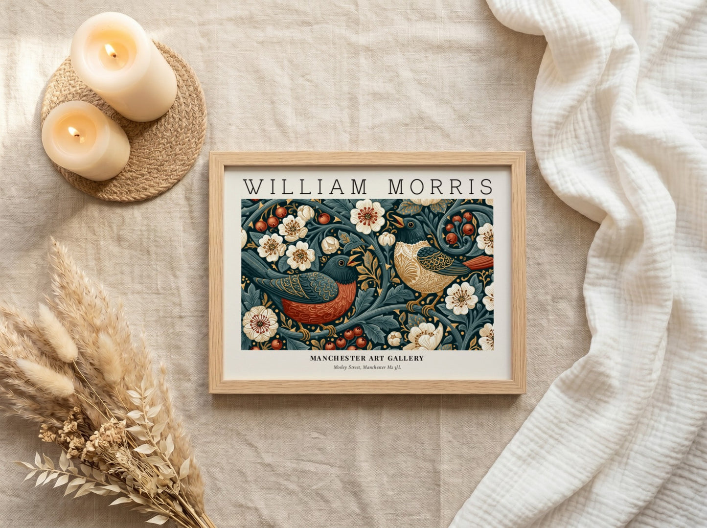 Strawberry Thief wall art print featuring vibrant birds and floral patterns in blue and red tones