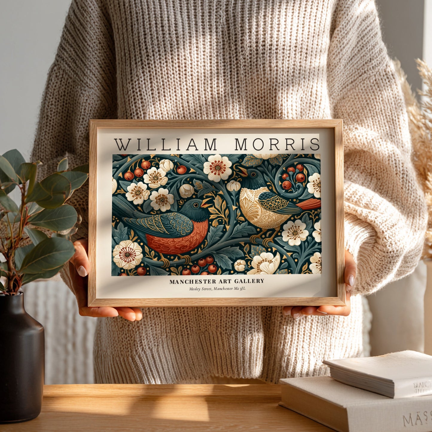 Strawberry Thief wall art print featuring vibrant birds and floral patterns in blue and red tones