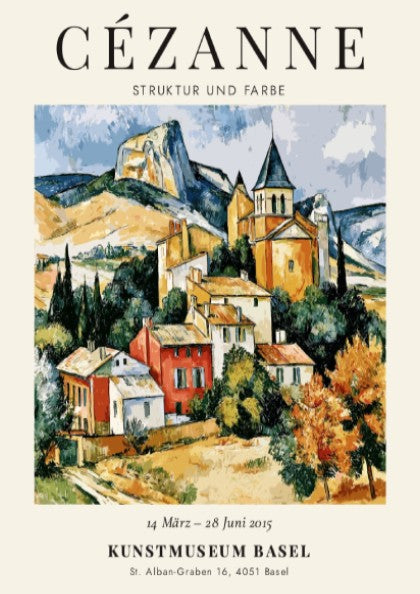 Cézanne exhibition poster featuring vibrant colors and charming landscape scene