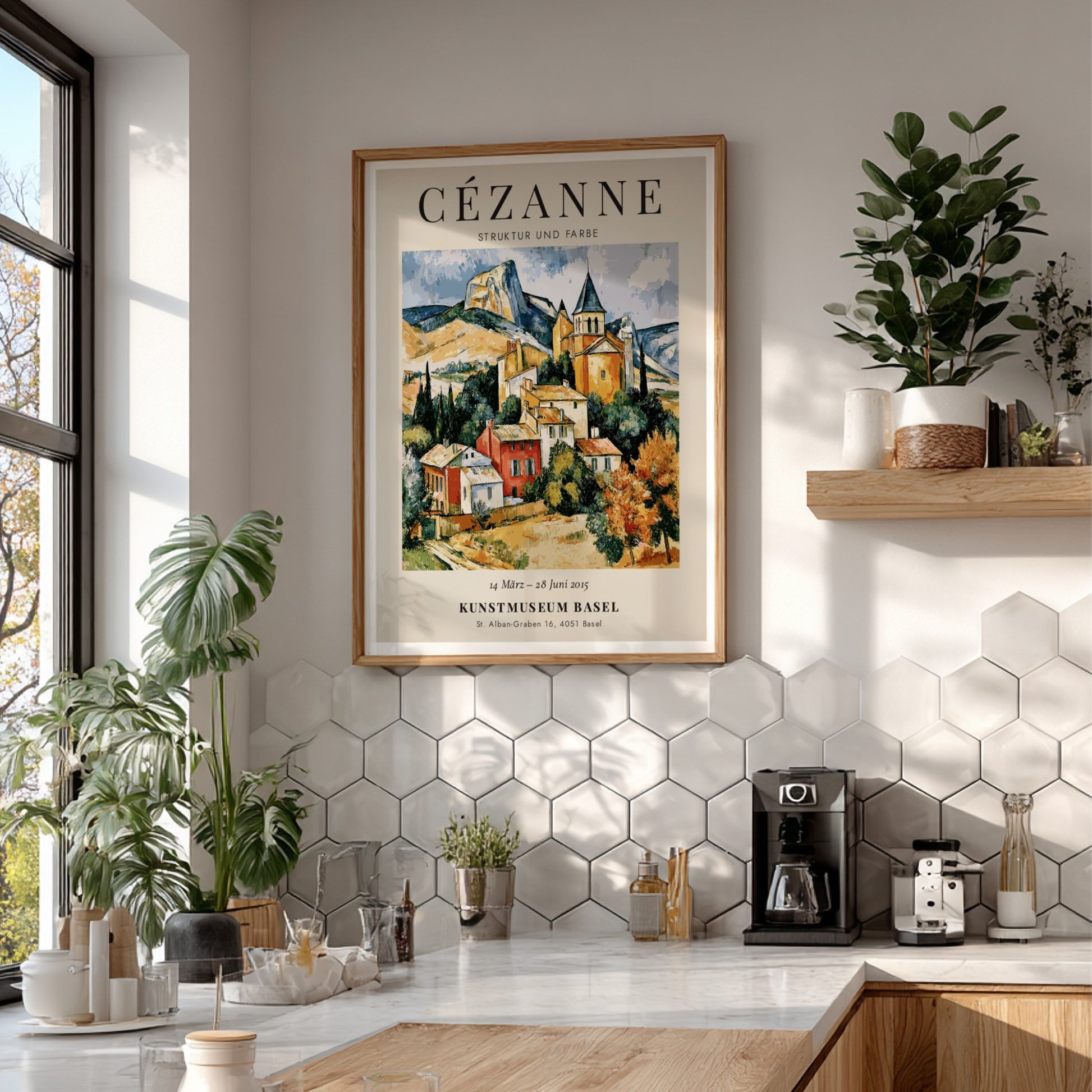 Cézanne exhibition poster featuring vibrant colors and charming landscape scene