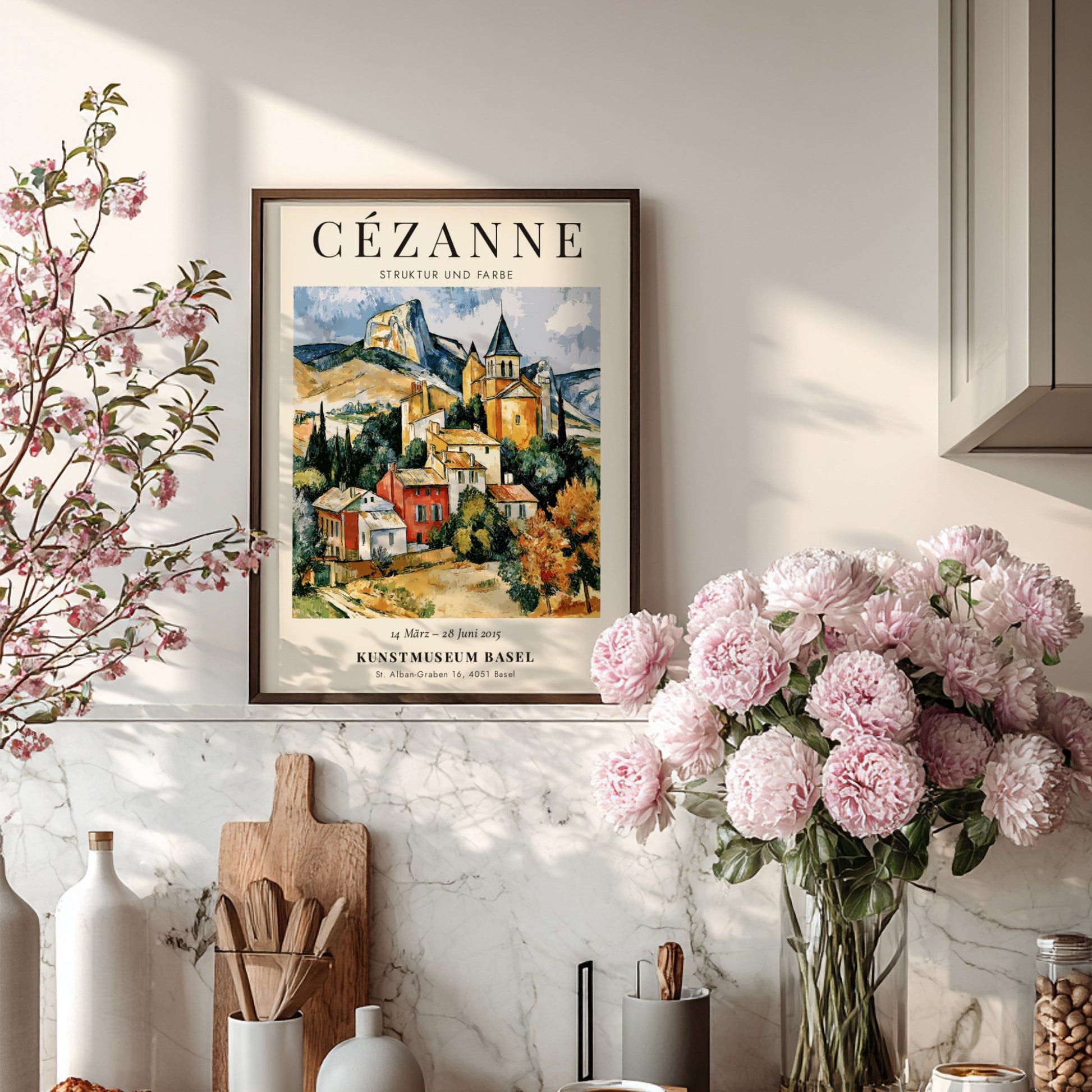 Cézanne exhibition poster featuring vibrant colors and charming landscape scene