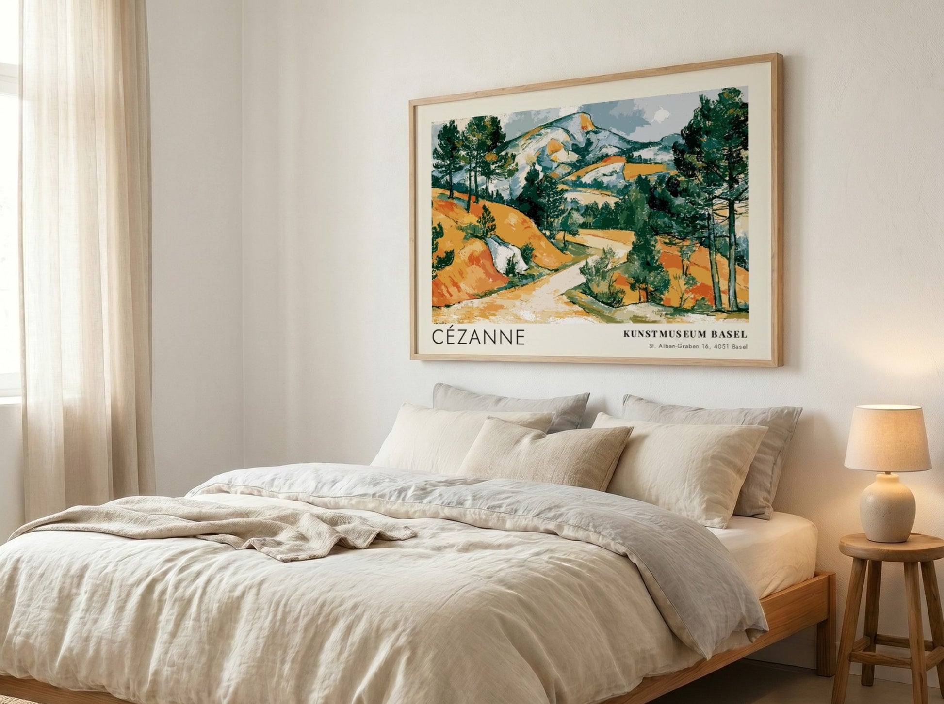 Wall art poster featuring a Cézanne landscape painting with ochre hills and green pines.