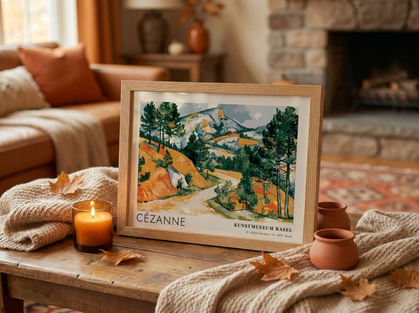 Wall art poster featuring a Cézanne landscape painting with ochre hills and green pines.