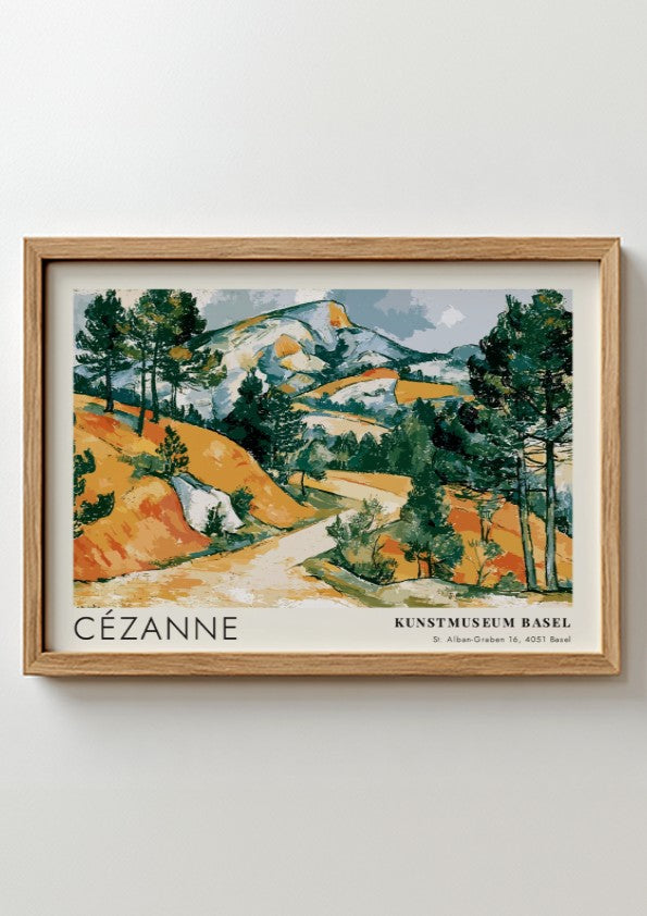 Wall art poster featuring a Cézanne landscape painting with ochre hills and green pines.