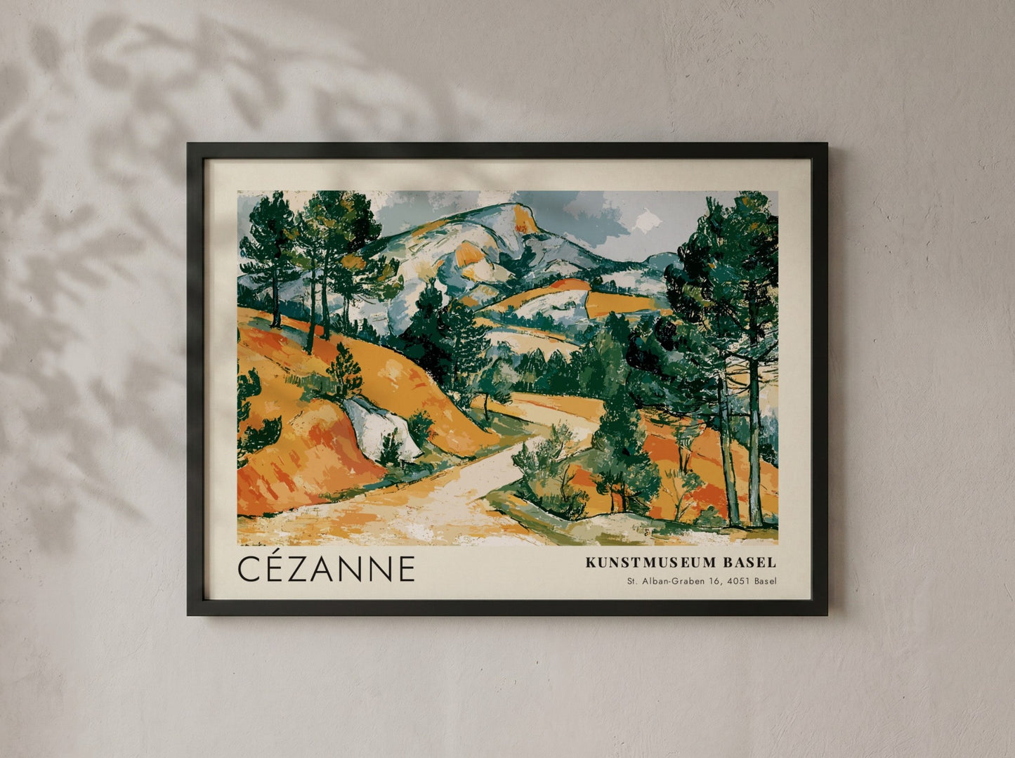 Wall art poster featuring a Cézanne landscape painting with ochre hills and green pines.