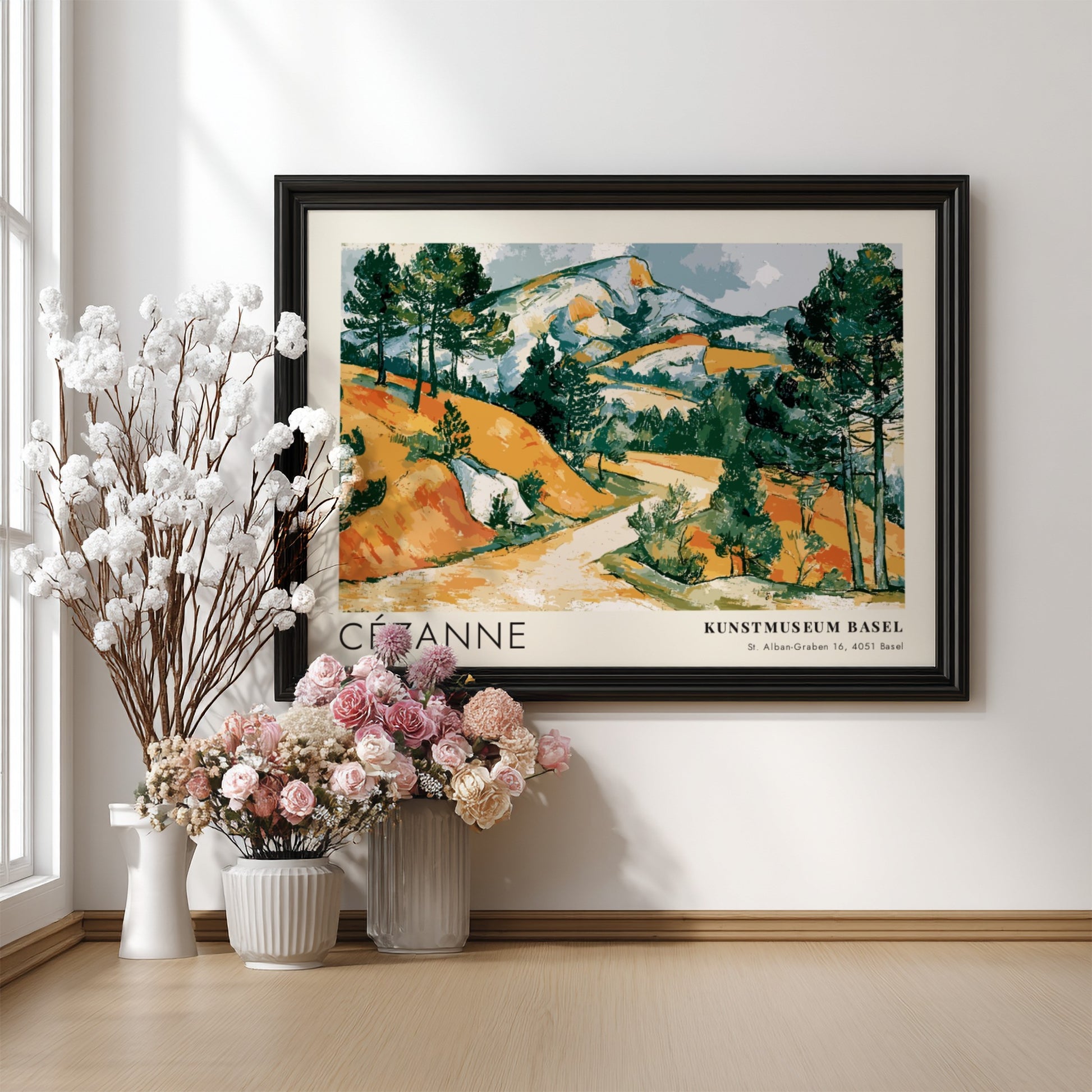Wall art poster featuring a Cézanne landscape painting with ochre hills and green pines.