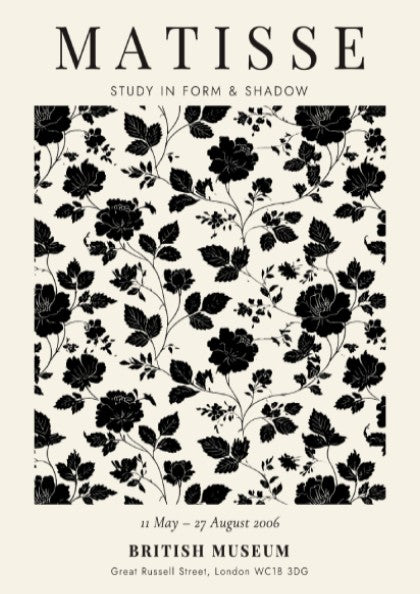 Henri Matisse poster featuring floral design in black and white, perfect for home decor and art enthusiasts