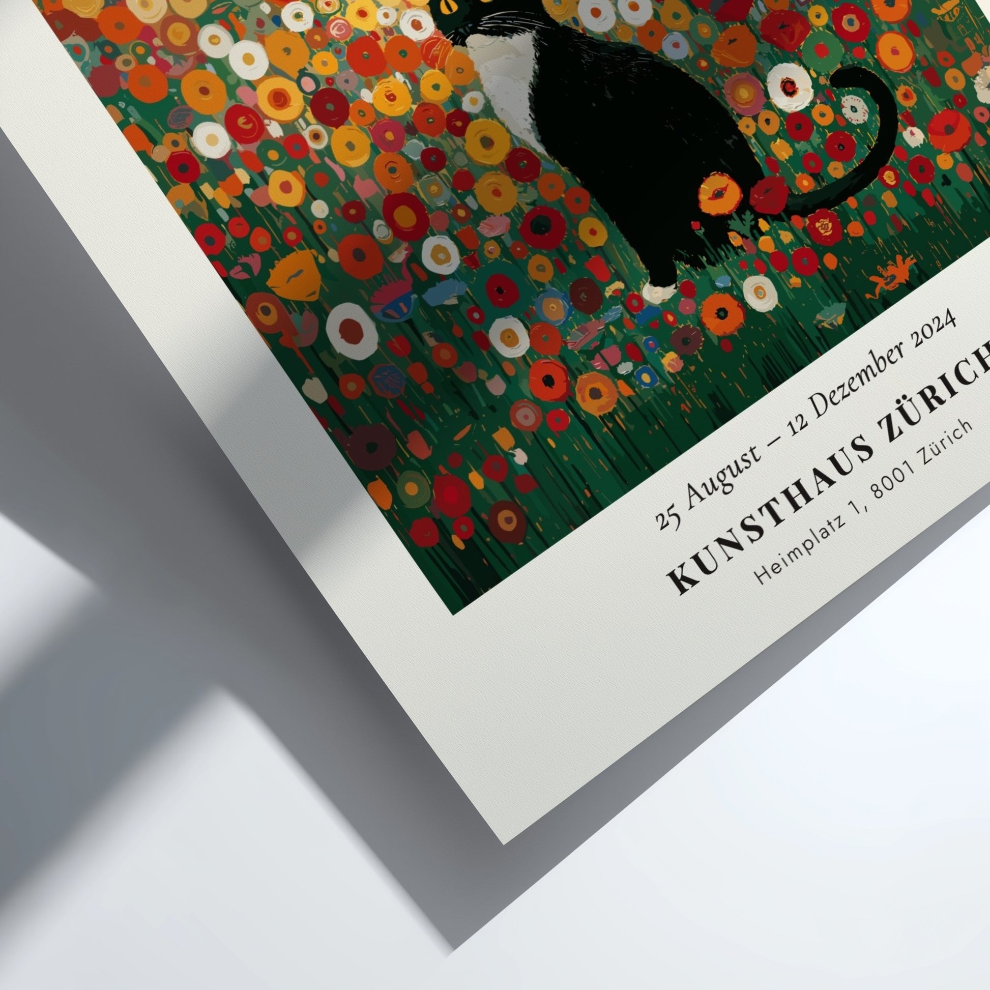 Sturm - Feld und Ornament poster featuring a cat in a colorful flower field, inspired by Gustav Klimt's