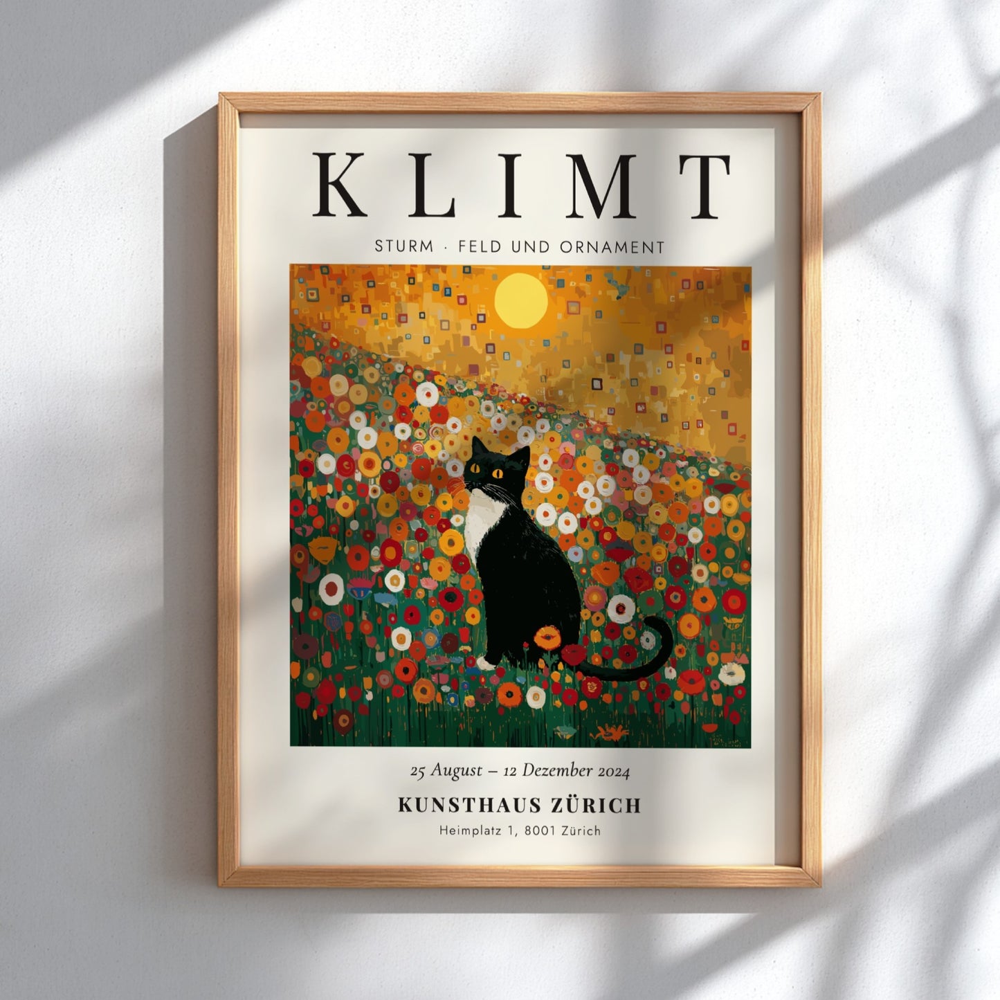 Sturm - Feld und Ornament poster featuring a cat in a colorful flower field, inspired by Gustav Klimt's