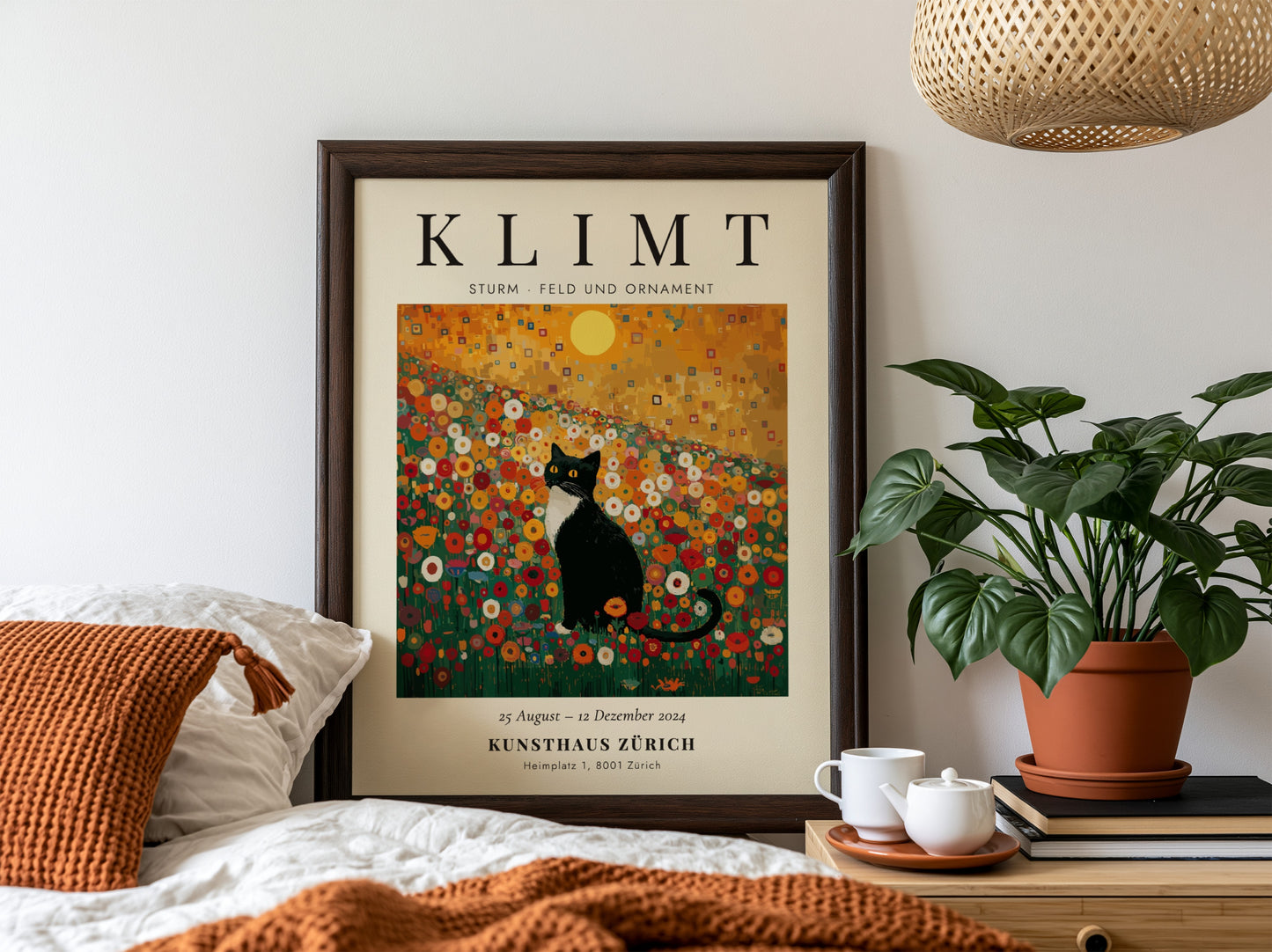Sturm - Feld und Ornament poster featuring a cat in a colorful flower field, inspired by Gustav Klimt's