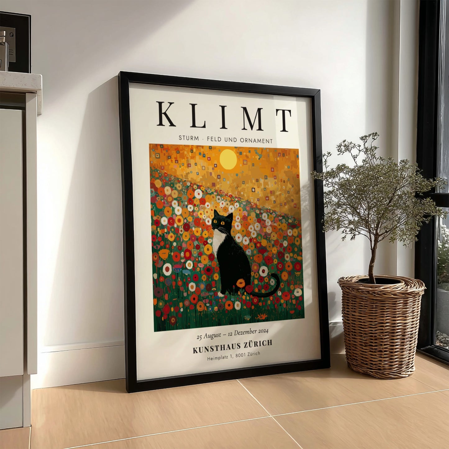 Sturm - Feld und Ornament poster featuring a cat in a colorful flower field, inspired by Gustav Klimt's