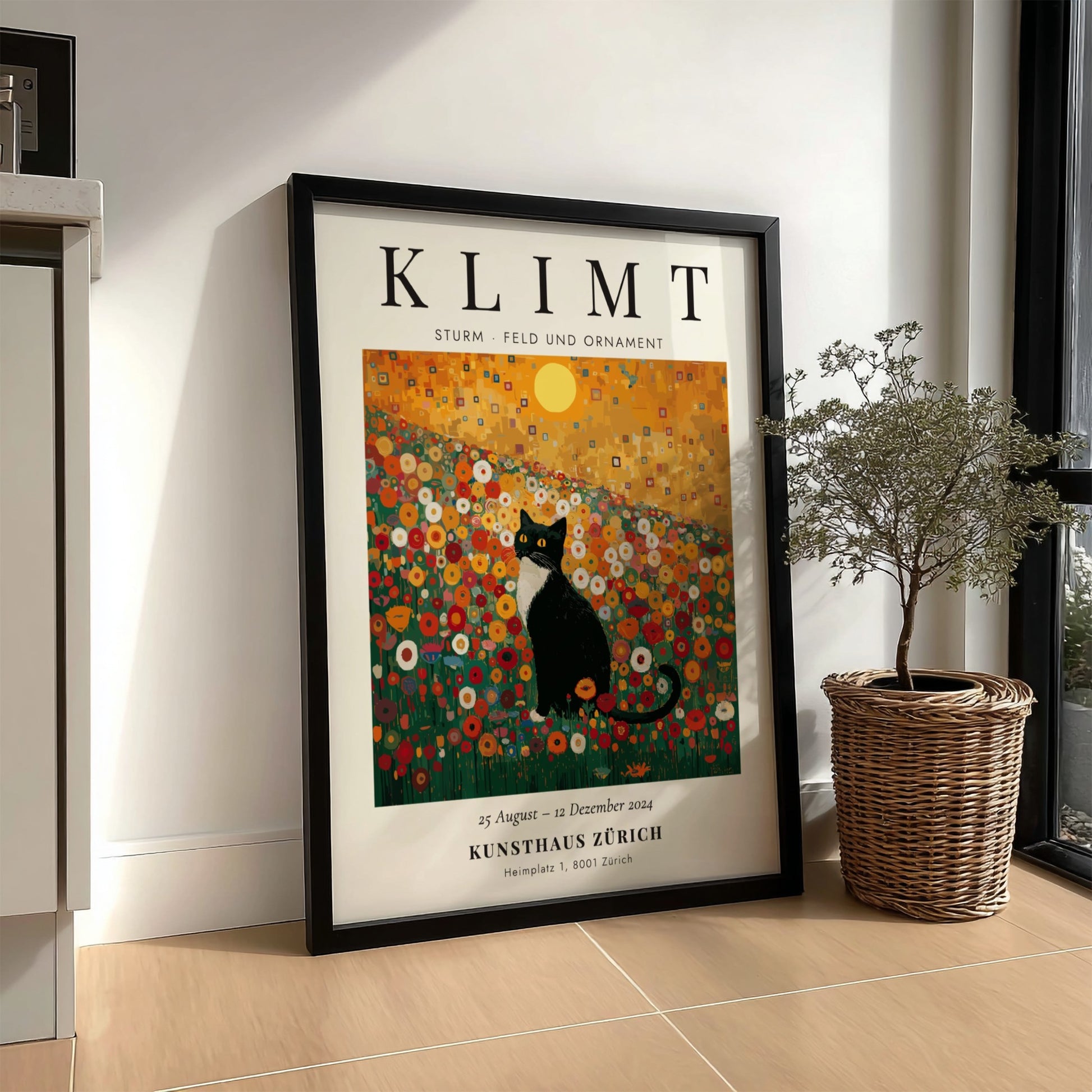 Sturm - Feld und Ornament poster featuring a cat in a colorful flower field, inspired by Gustav Klimt's
