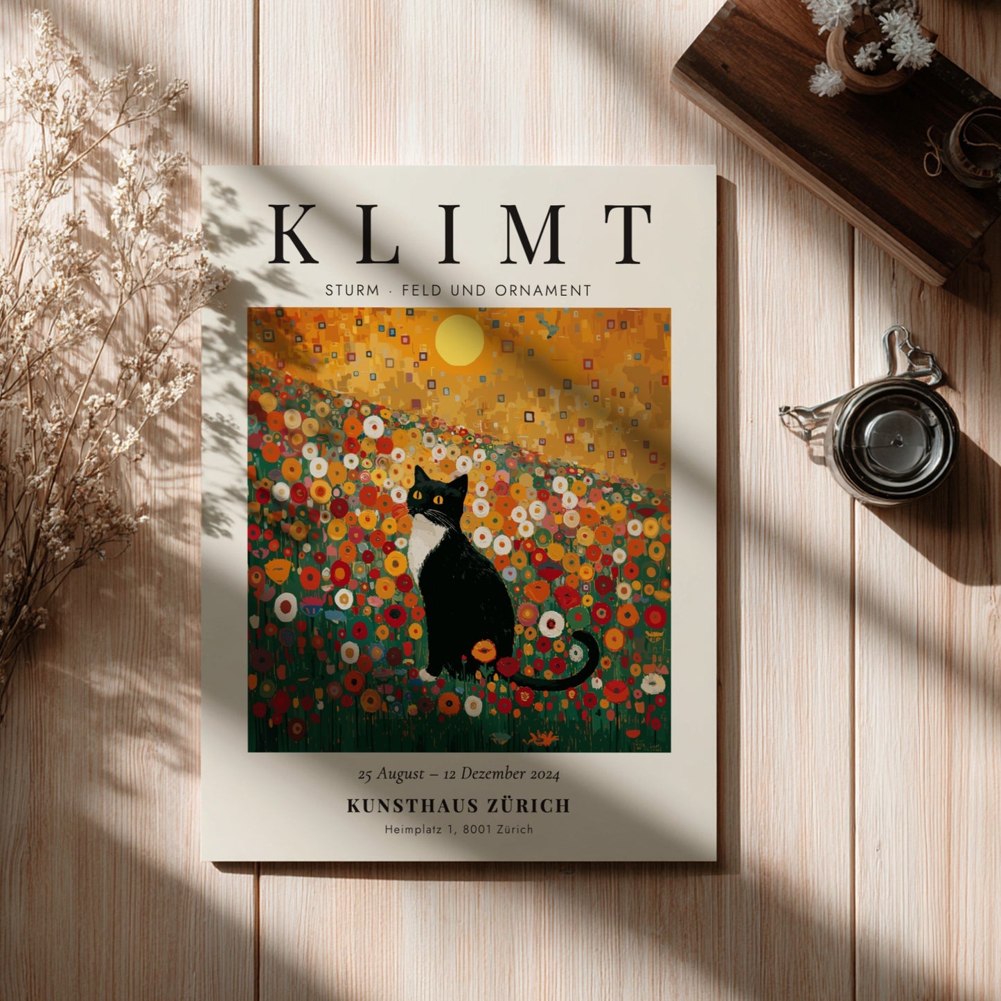 Sturm - Feld und Ornament poster featuring a cat in a colorful flower field, inspired by Gustav Klimt's