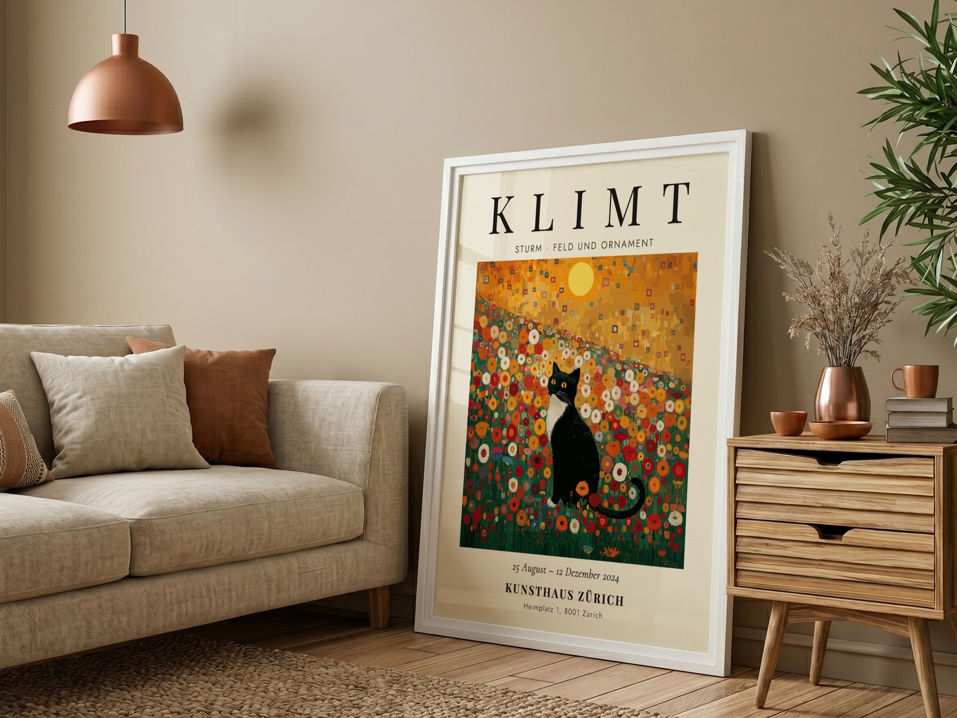Sturm - Feld und Ornament poster featuring a cat in a colorful flower field, inspired by Gustav Klimt's