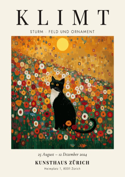 Sturm - Feld und Ornament poster featuring a cat in a colorful flower field, inspired by Gustav Klimt's